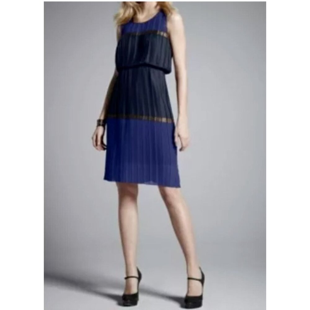 BCBGMaxAzria Dress M Medium 6 8 10 Blue Bronze Gray Pleated Faux Silk